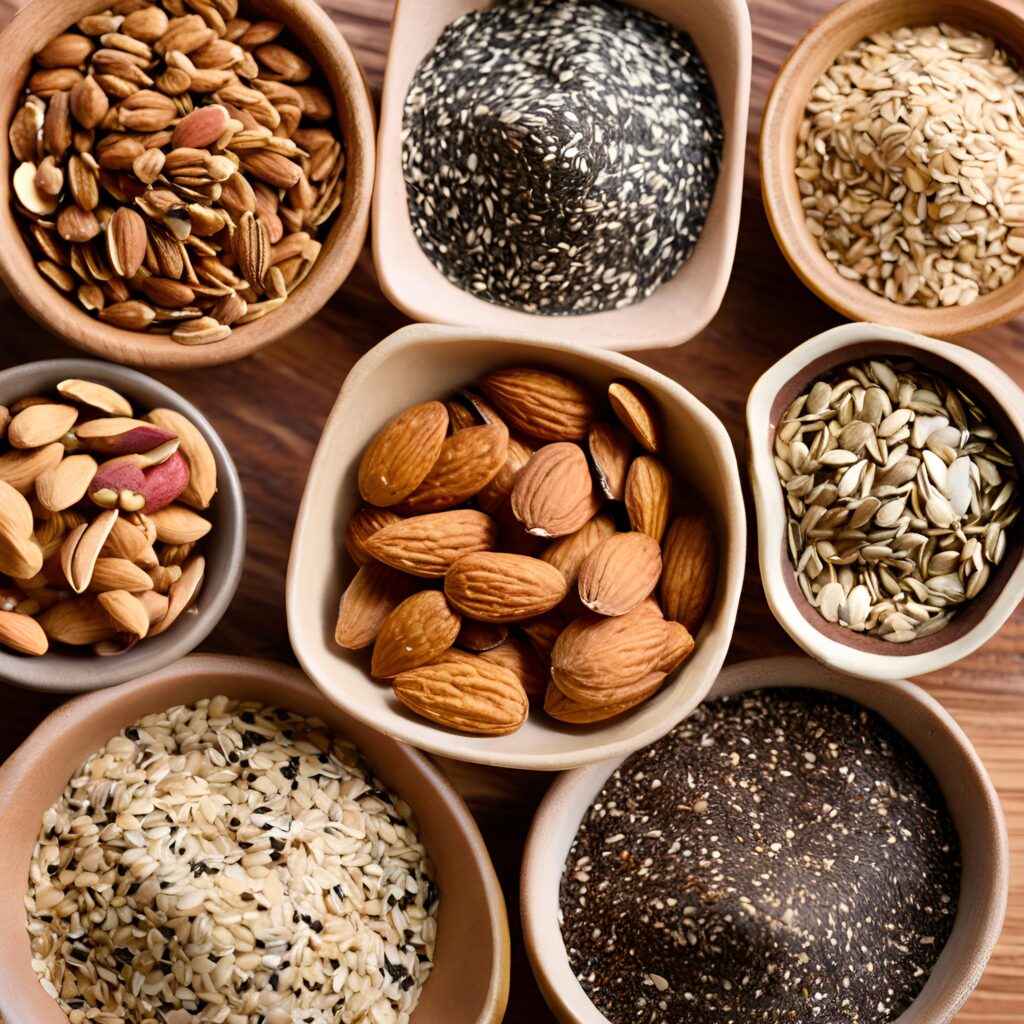 Nuts and seeds_ Almonds, walnuts, chia seeds, flaxseeds in a plant-based diet