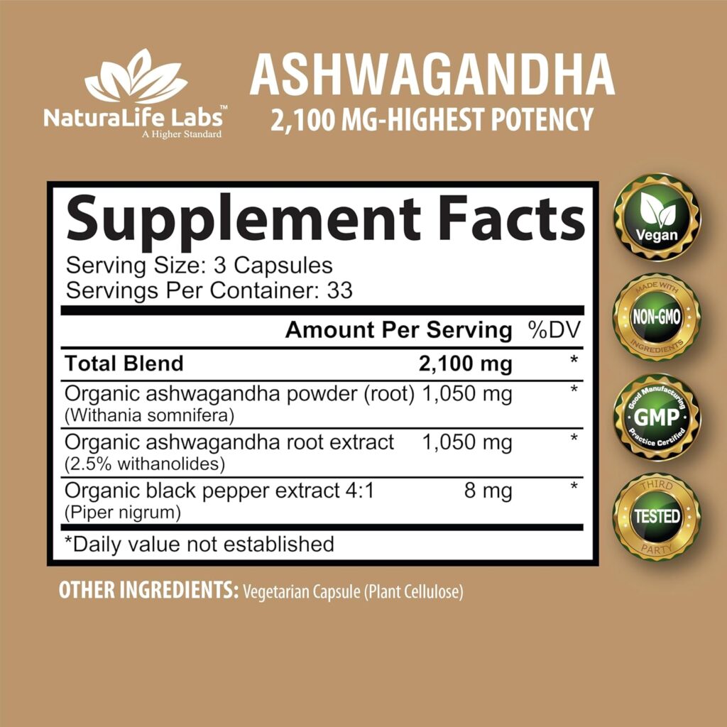 Organic Ashwagandha For Effective Stress Relief Supplement Facts