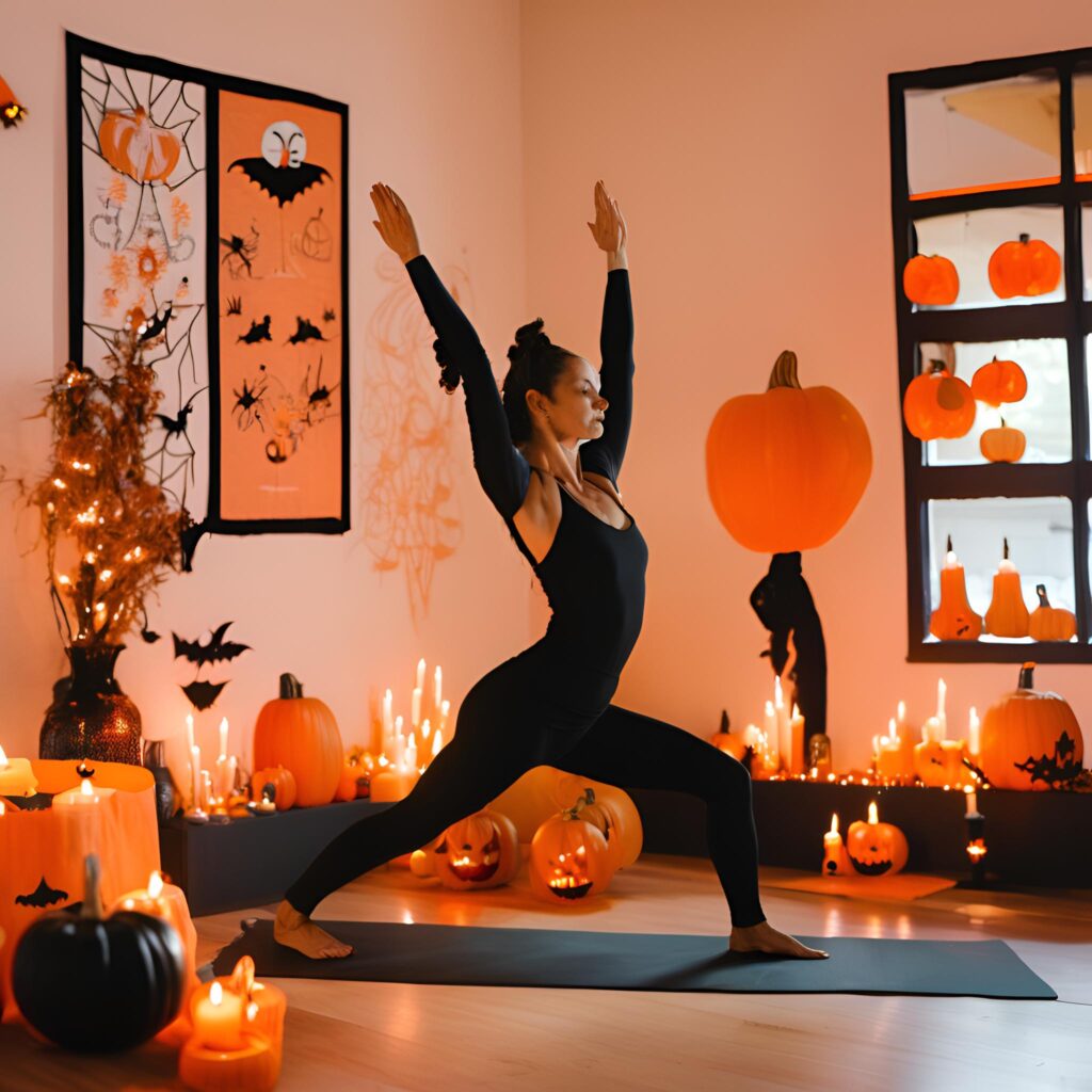 woman doing a yoga pose in a halloween themed room