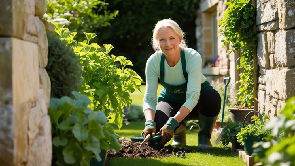 a 50 year old Caucasian woman, working in a stone cottage garden