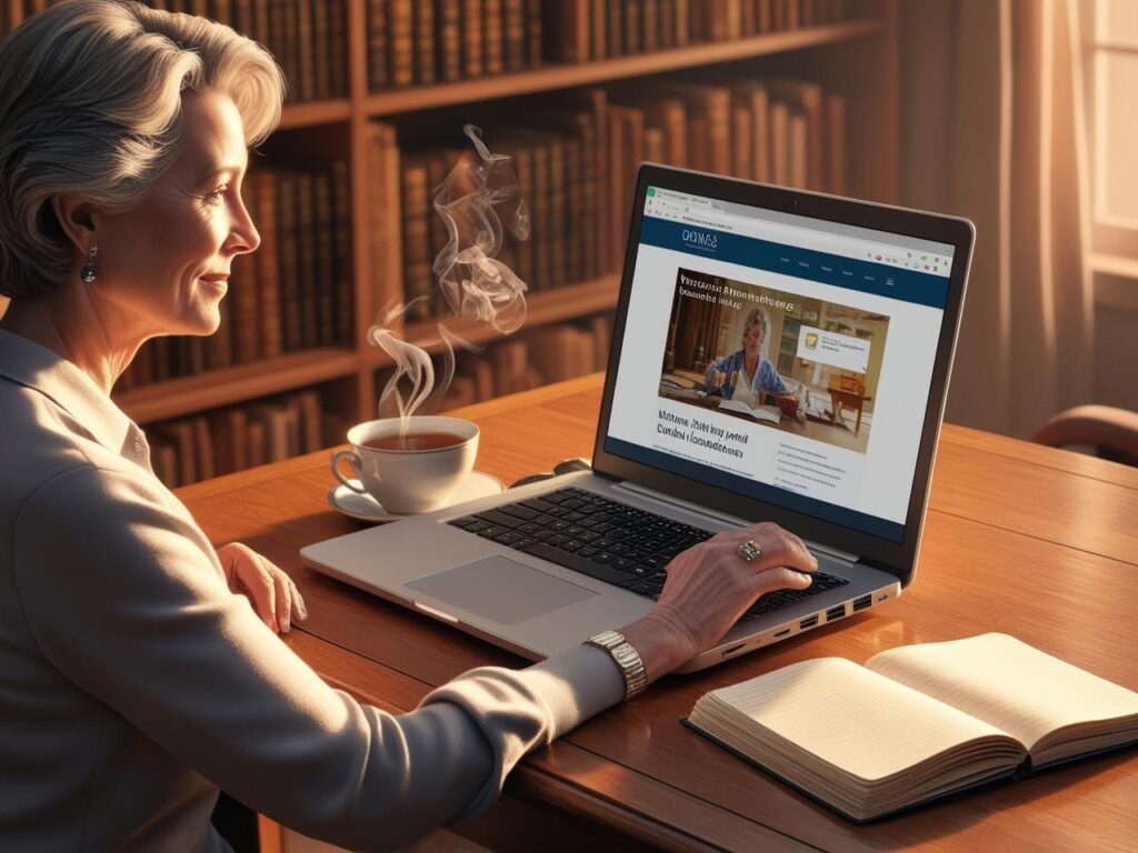 a 50 year old woman sitting comfortably at a desk with a laptop open, displaying an educational website