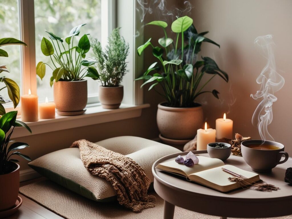 a cozy, sacred space within a home, designed for meditation, reflection, and spiritual practice