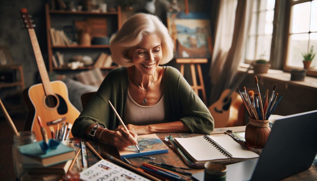 An older woman with a joyful expression, sitting at a wooden desk in a cozy, well-lit room, surrounded by art supplies