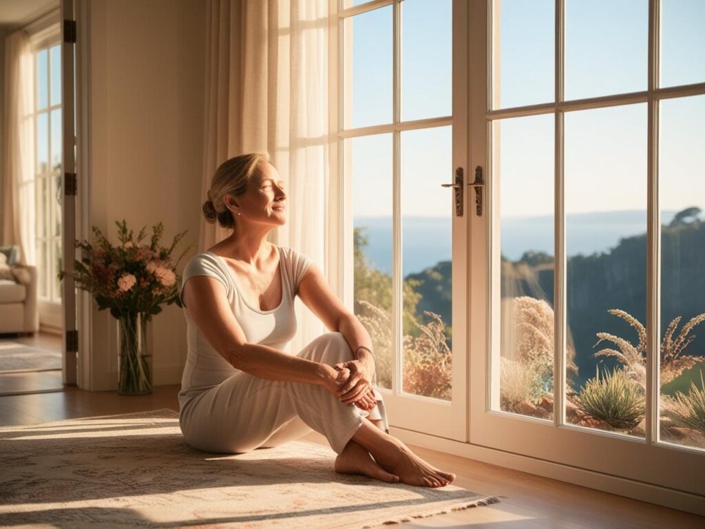 woman thinking deeply in a beautiful room with windows